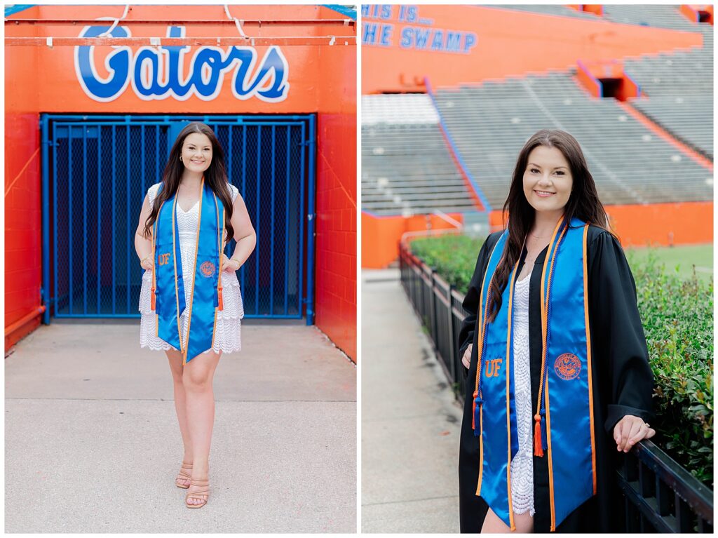 Left: UF graduate posing in front of the bright orange Gators tunnel with hands in her pockets, wearing a white dress and blue stole. Right: Close-up shot of her smiling in front of the ‘This is… The Swamp’ sign inside Ben Hill Griffin Stadium while wearing her cap and gown.