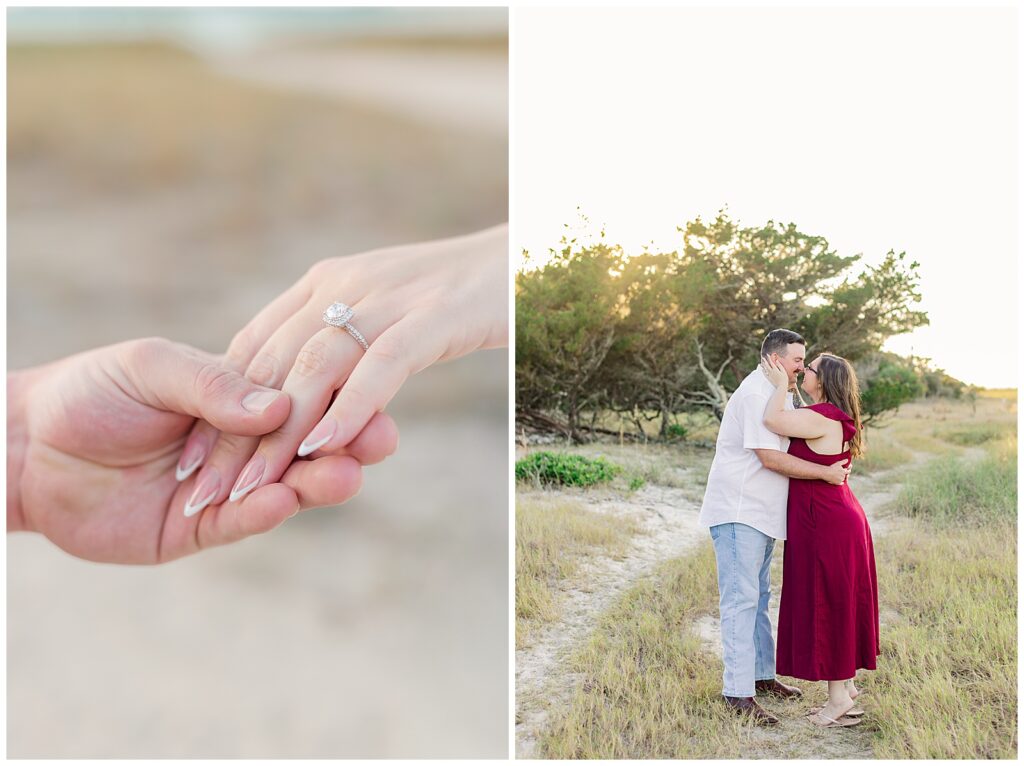 Close-up of an engagement ring held between the couple’s hands, paired with a wide shot of the couple embracing on a sandy trail surrounded by grasses and coastal trees at sunset. 