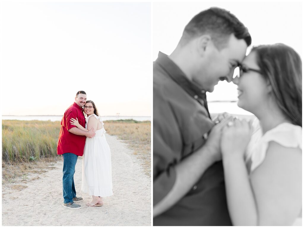 Engaged couple embracing on a sandy coastal path, paired with a black and white close up of them touching foreheads and smiling softly.