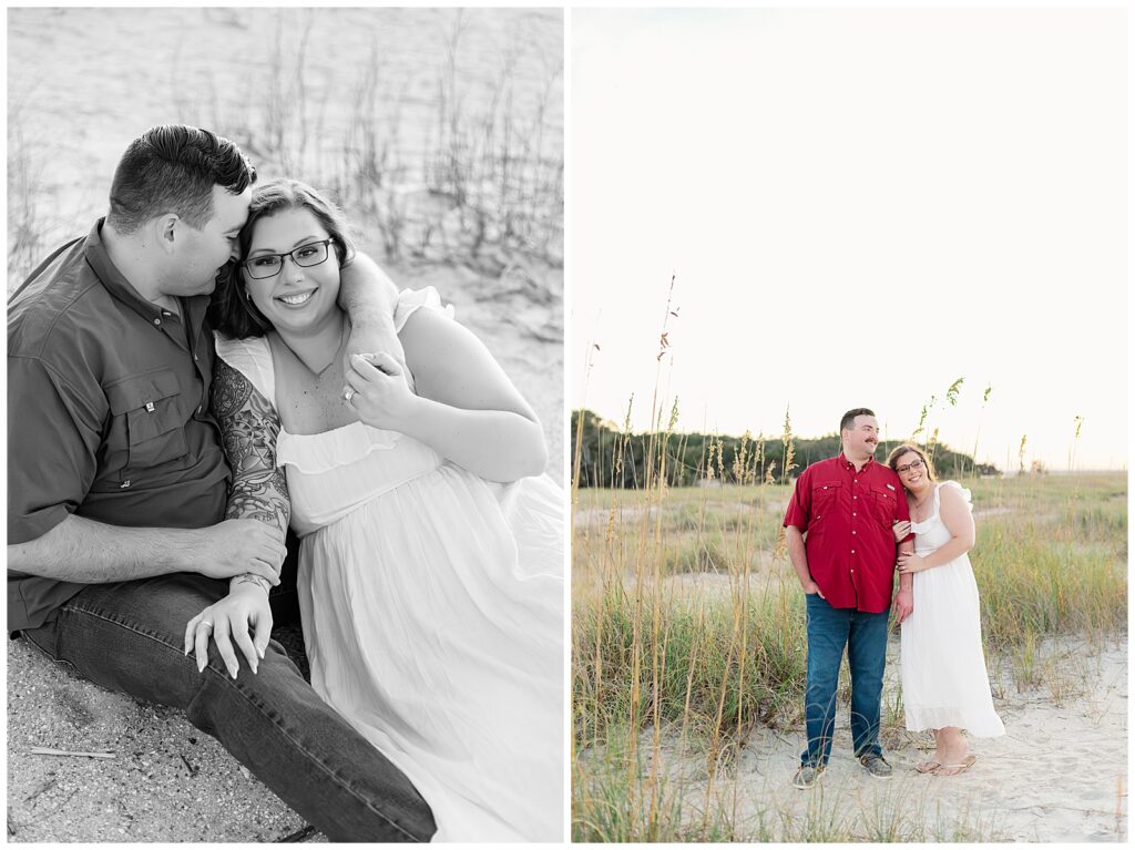 Black and white close up of an engaged couple sitting together in the sand, paired with a color image of the couple standing side by side among tall coastal grass near the shoreline.