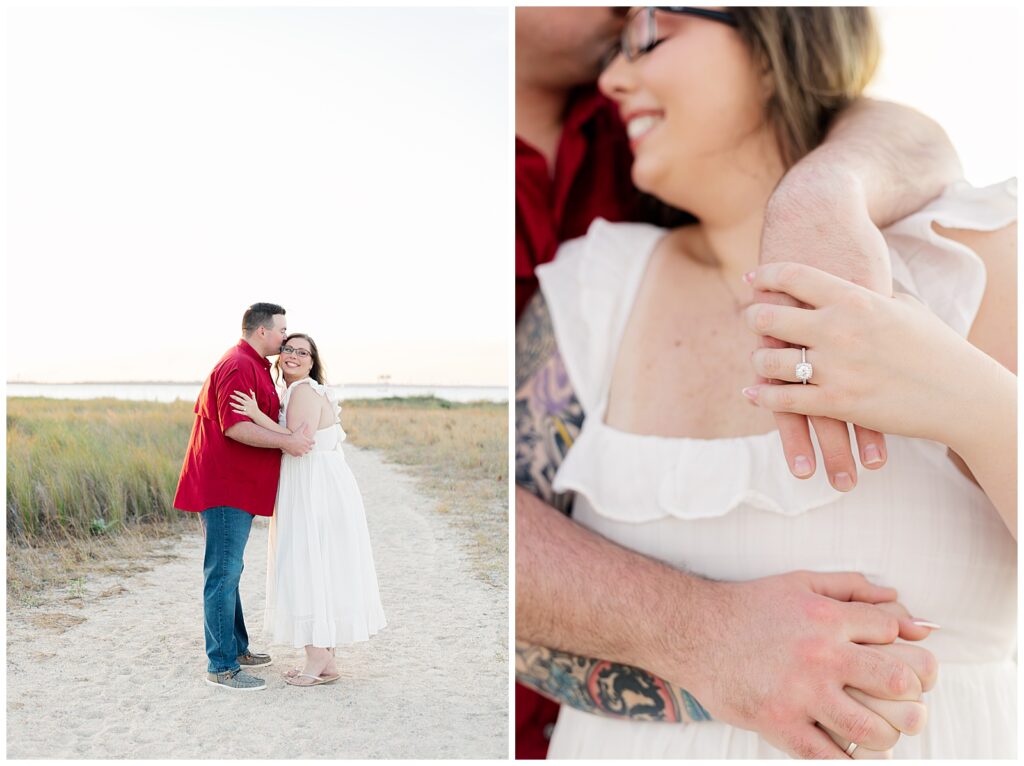 Engaged couple standing close together on a sandy coastal path, paired with a close up of their hands wrapped together showing the engagement ring.