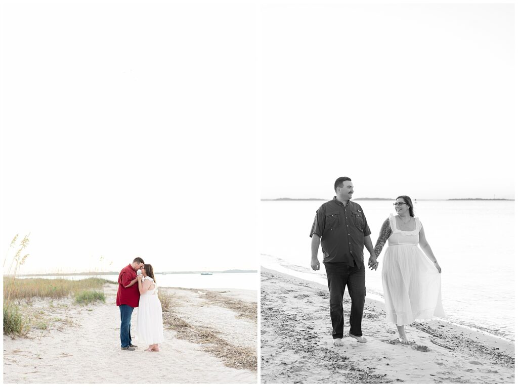 A quiet moment shared near the water, paired with a black and white image of the couple walking barefoot along the shoreline while holding hands and smiling at each other.