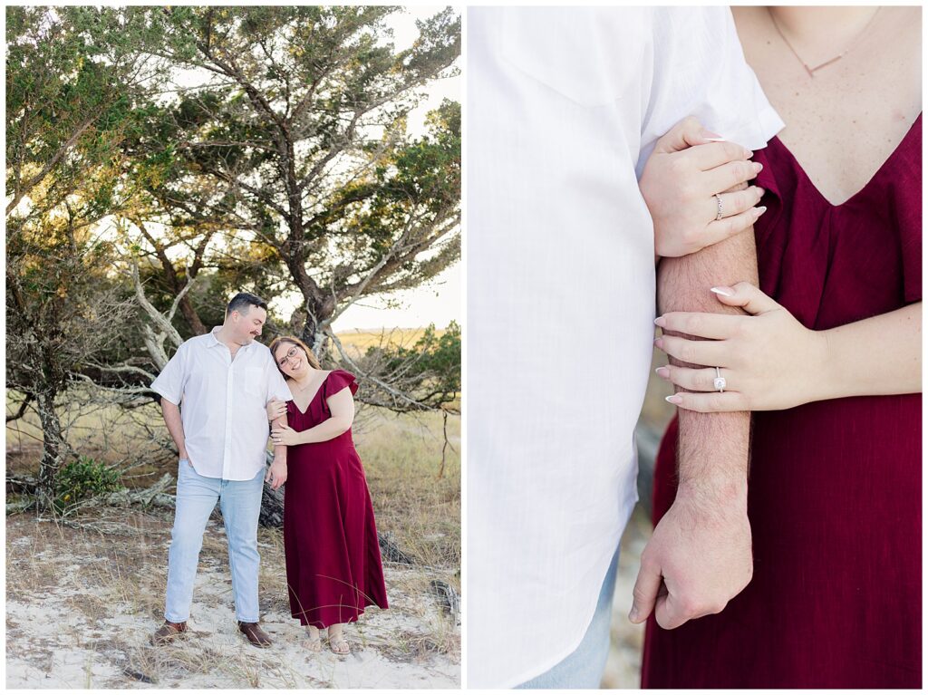 Close-up engagement photos showing hands, ring details, and the couple standing together at Fort Clinch State Park 