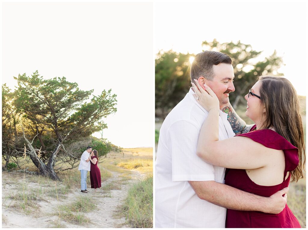 Couple smiling together beneath curved oak trees during their Fort Clinch State Park engagement session