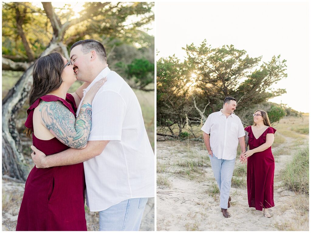 Couple kissing beneath a wind-shaped tree at golden hour, then walking hand in hand along a sandy path surrounded by coastal grasses.