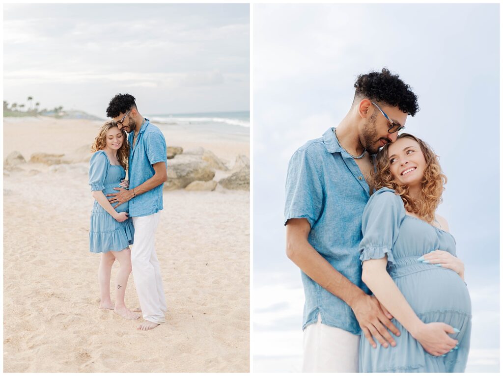 St. Augustine Beach maternity photos of expecting parents embracing on the shoreline with soft coastal light