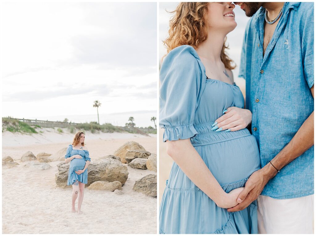 St. Augustine Beach maternity session featuring an expecting mother near the dunes and an intimate close-up of parents holding their baby bump 