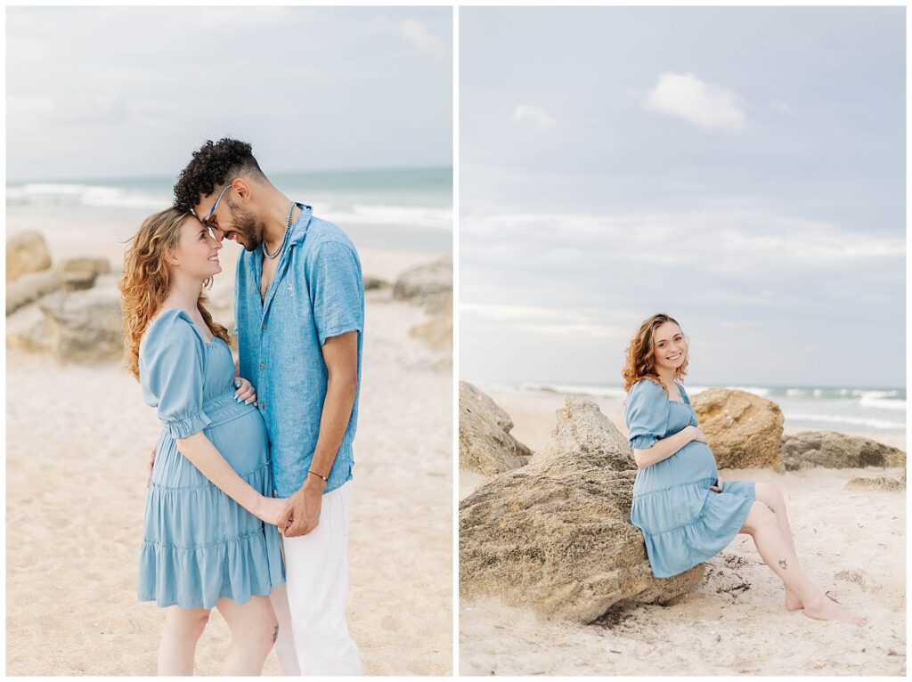 St. Augustine Beach maternity session featuring an expecting couple embracing and a solo maternity portrait seated on coastal rocks 