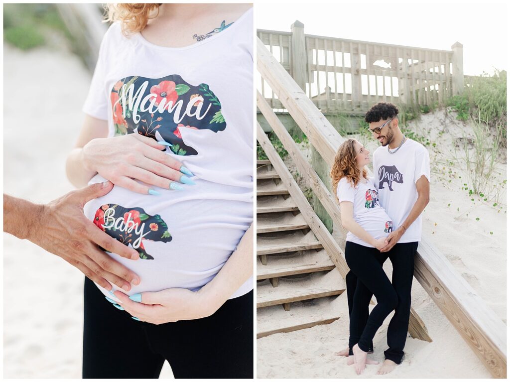 St. Augustine Beach maternity photos featuring a close-up of parents holding their baby bump and a candid couple portrait near the dunes 