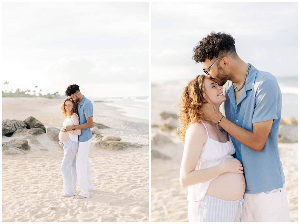 St. Augustine Beach maternity photos capturing intimate moments between expecting parents by the ocean