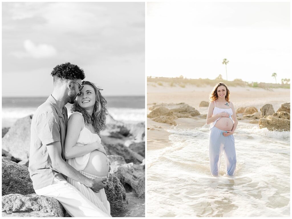 Tender beach portraits of an expecting couple, including a soft embrace and a close-up moment of connection