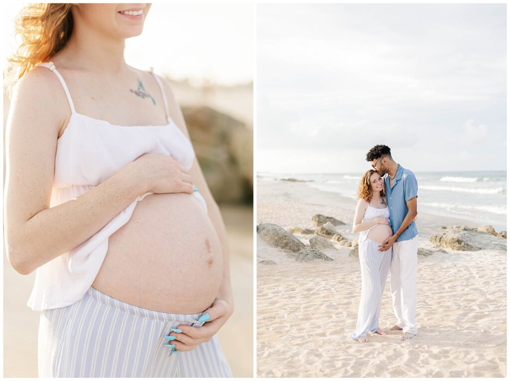 Coastal maternity photos showing a wide scenic shoreline view and a gentle portrait of the mother-to-be near the dunes