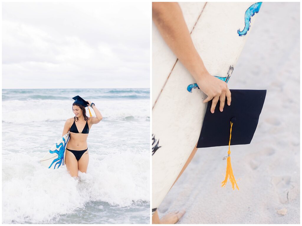 Graduation photos showing a UNF graduate splashing through ocean waves and a close-up of her graduation cap beside the surfboard