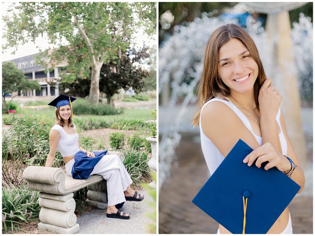 UNF graduation portraits showing a college graduate relaxing on campus and smiling with her graduation cap