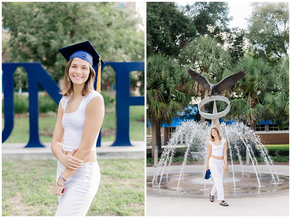 UNF graduate posing in front of the UNF sign during her college graduation photo session paired with a photo of her walking in front of osprey fountain