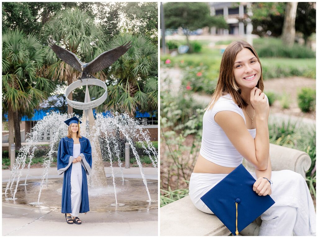 Close-up portrait of a UNF graduate smiling during campus graduation photos with fountain behind her