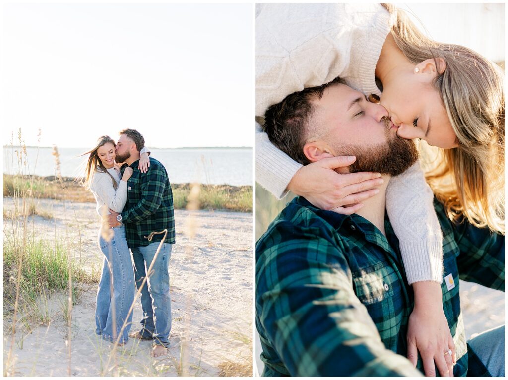 Golden hour engagement portraits in the sand surrounded by sea oats and soft coastal light.