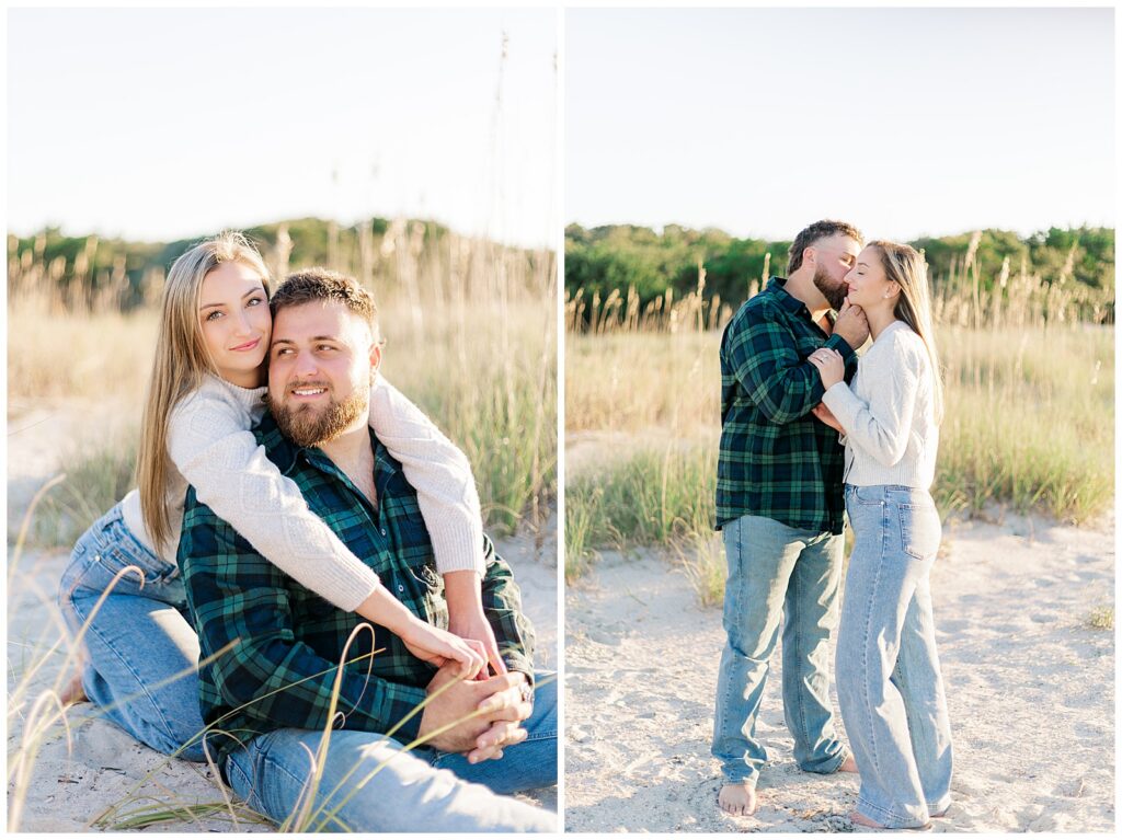 Coastal portraits in soft sunset light with windswept grass and sandy shoreline behind them.
