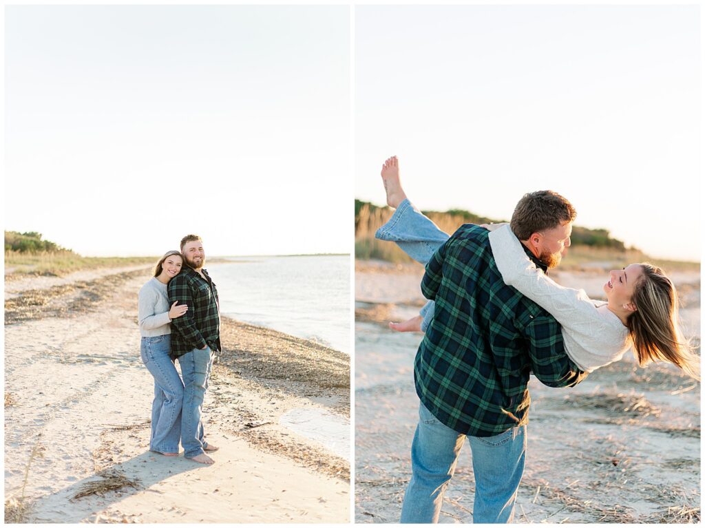 Fernandina Beach Engagement Session Golden sunset portraits along the shoreline with a playful lift in warm evening light.