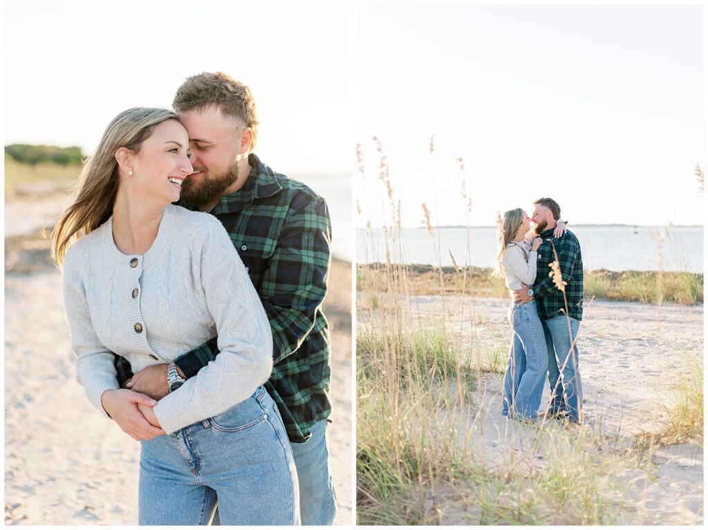 Beach portraits in warm evening light—one close, joyful embrace paired with a wider shot of them standing together near the water.