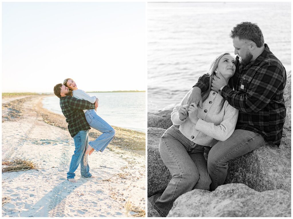 A playful lift on the beach paired with a black and white portrait of the couple sitting together on coastal rocks by the water.