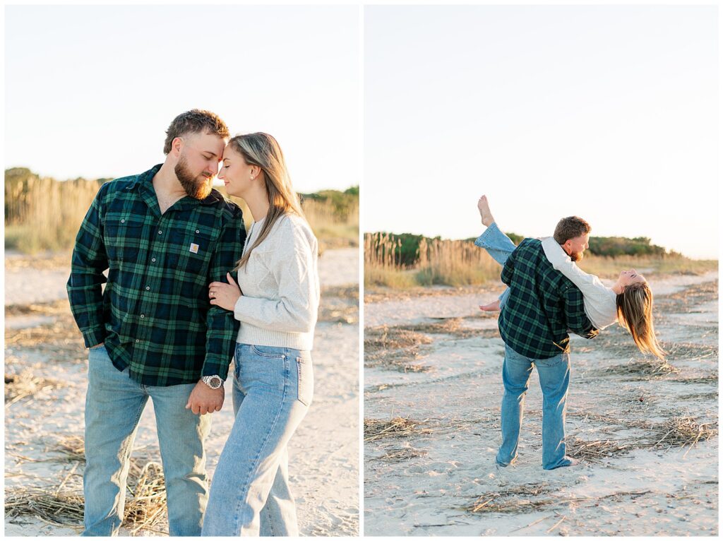 Vibrant Fort Clinch engagement photos of couple walking hand in hand on the beach and laughing as he spins her in golden light