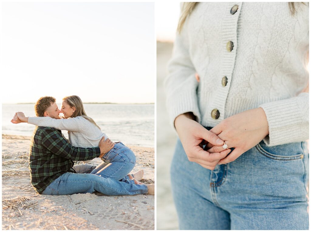 Fort Clinch engagement photos of couple sitting close on the sand at sunset paired with close up of diamond engagement ring