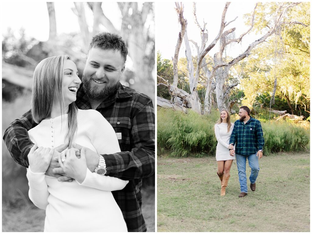 Fernandina Beach Engagement Session Black and white candid of the couple laughing together paired with a walking portrait beneath a sunlit tree.