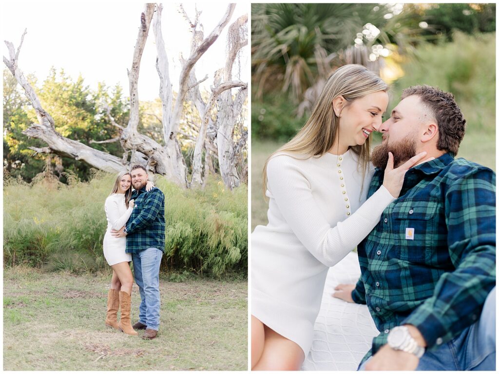 Fort Clinch Engagement Photos Engaged couple posing beneath a weathered coastal tree and sharing an intimate seated moment during their Fort Clinch engagement photos.